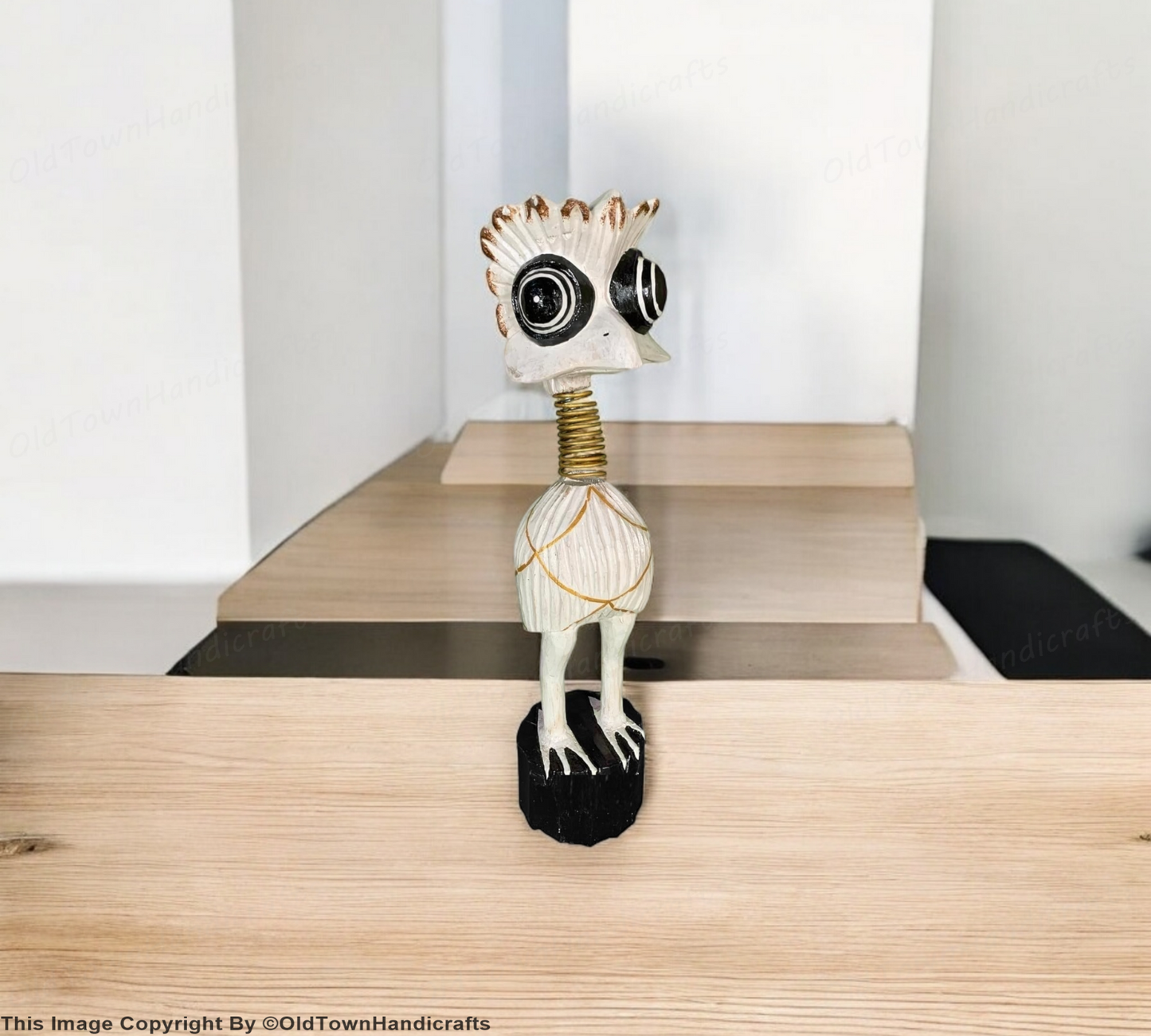 Wooden Ostrich Bird with Spring Neck Handcrafted Decorative Showpiece for Home