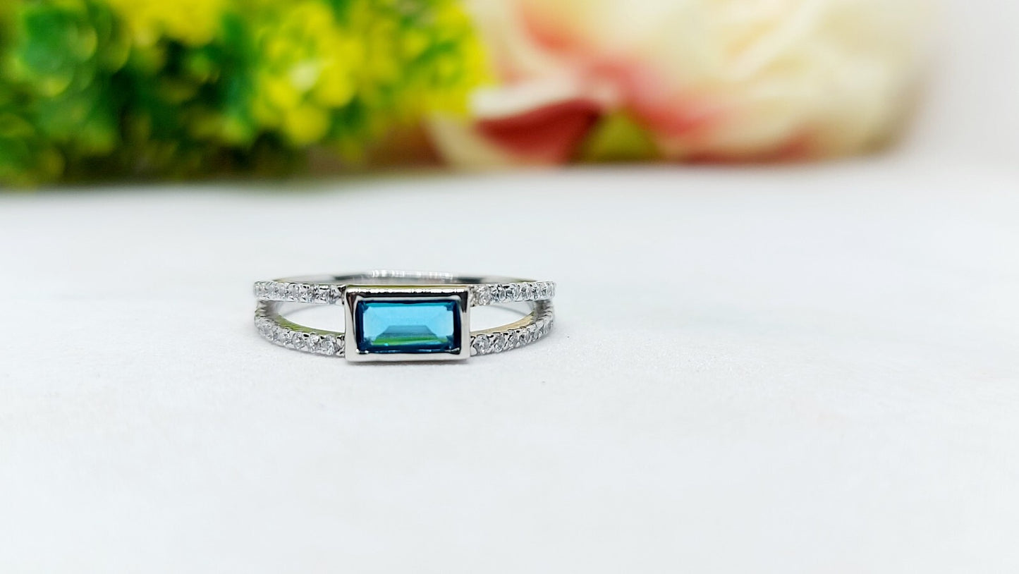 Silver Blue Tourmaline Baguette Shape Ring Women Birthstone Gift Ring Us5~ 15