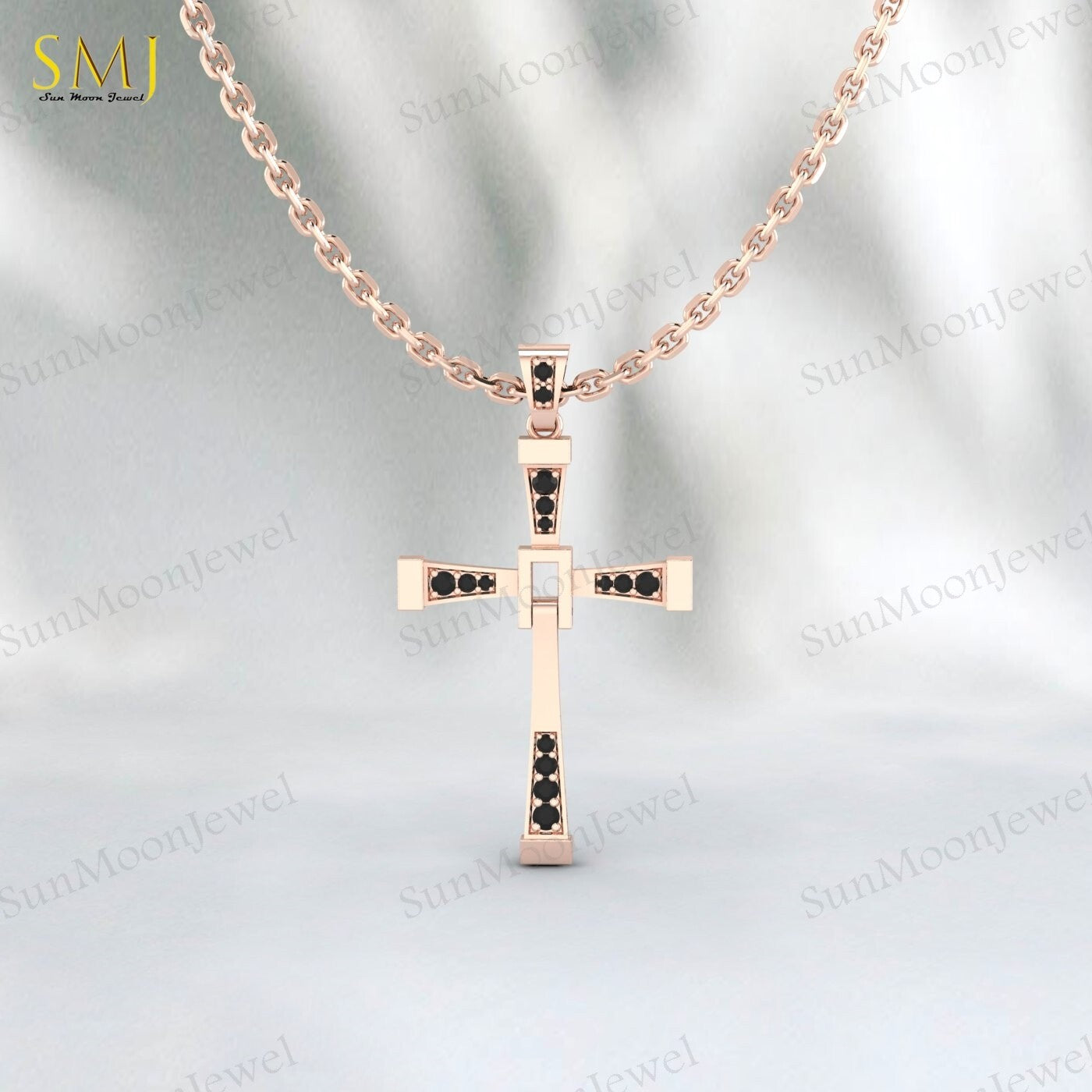 925 Silver Natural Black Onyx Cross Necklace Religious Charm Pray Rosary Pendant