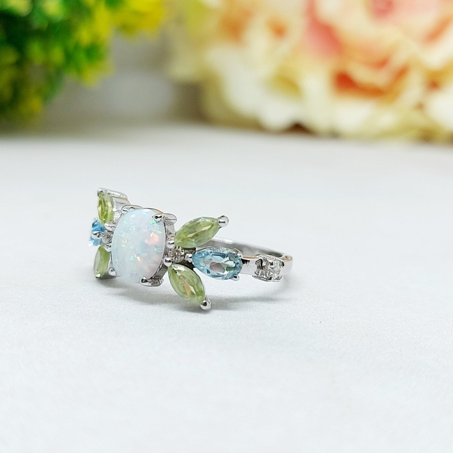 925 Silver Peridot Opal Cluster Ring Oval Cut Opal Promise Wedding Ring US5 ~15