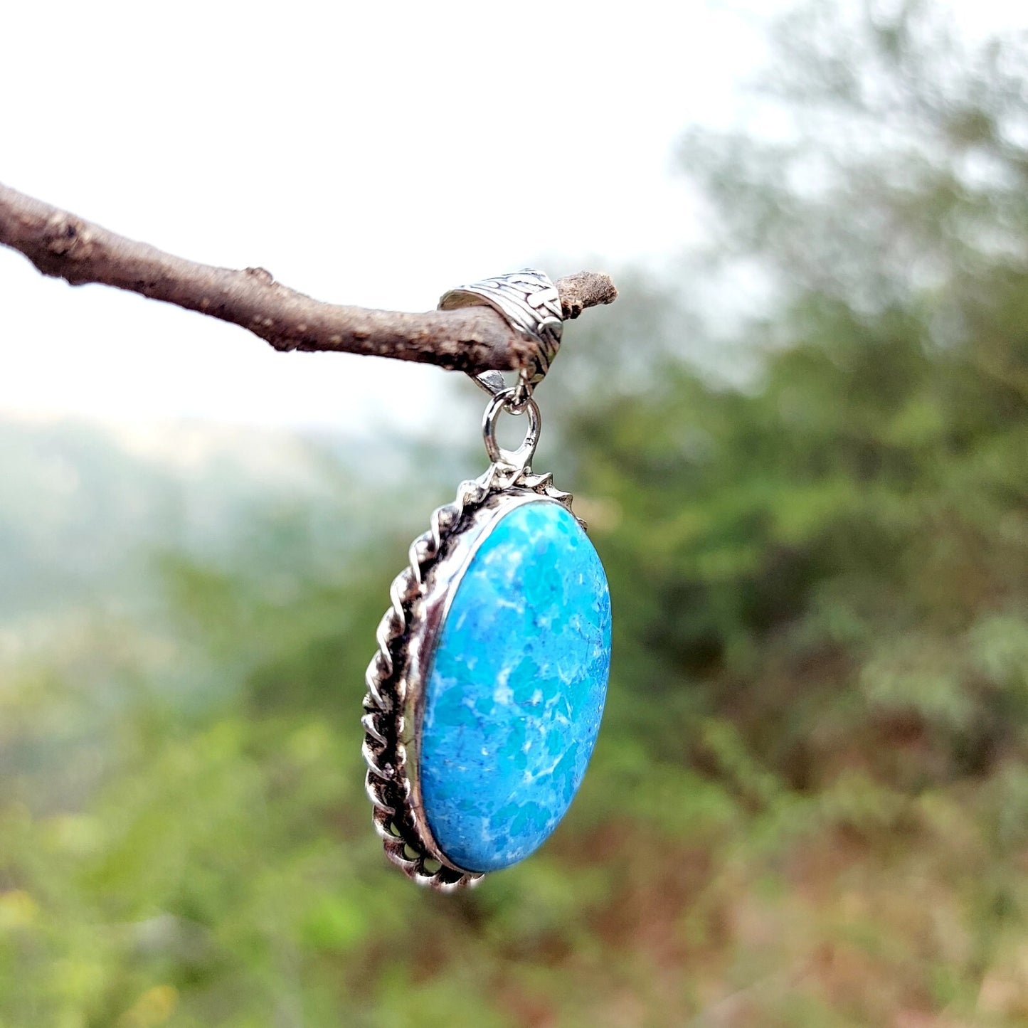 Oval Turquoise Sterling Silver Pendant Handmade Gemstone Celtic Rustic Mom Gift