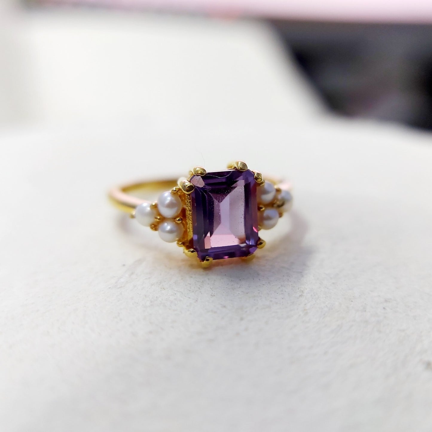 Emerald Cut Amethyst Pearl Ring 925 Silver Handmade Engagement Women Ring US5~15