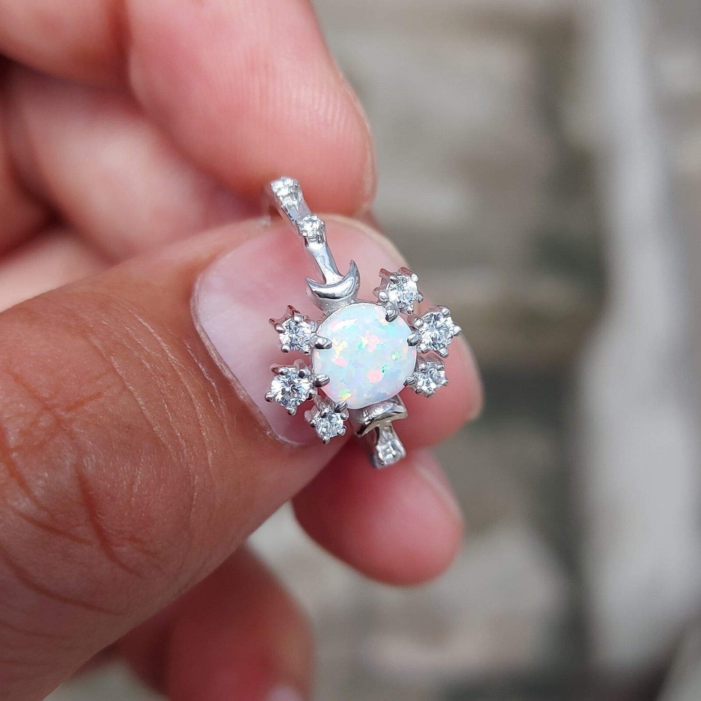 Natural Opal Ring Round Cut CZ Cluster 925 Silver Gift Ring US5~15 Vintage Look