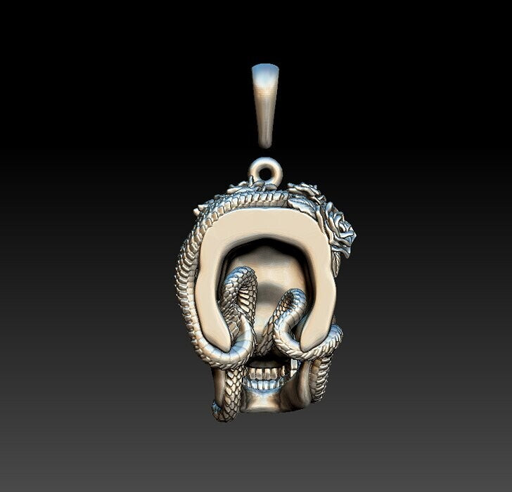 Silver Skull Roses Snake Serpents Pendant US7~15 Gothic Biker Jewelry Pendant