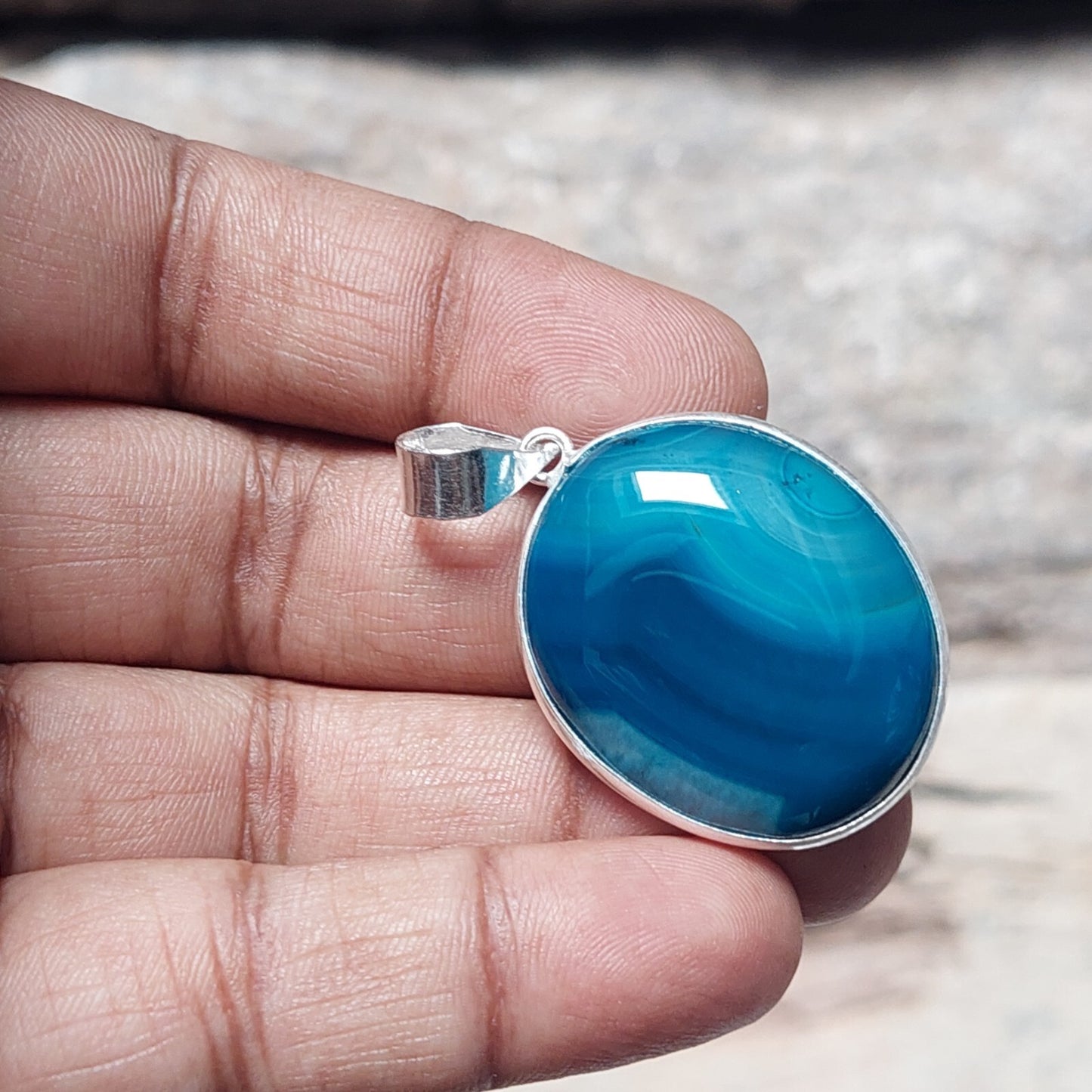Amazing Blue Banded Agate Gemstone Pendant,925 Sterling Silver Pendant For Girls