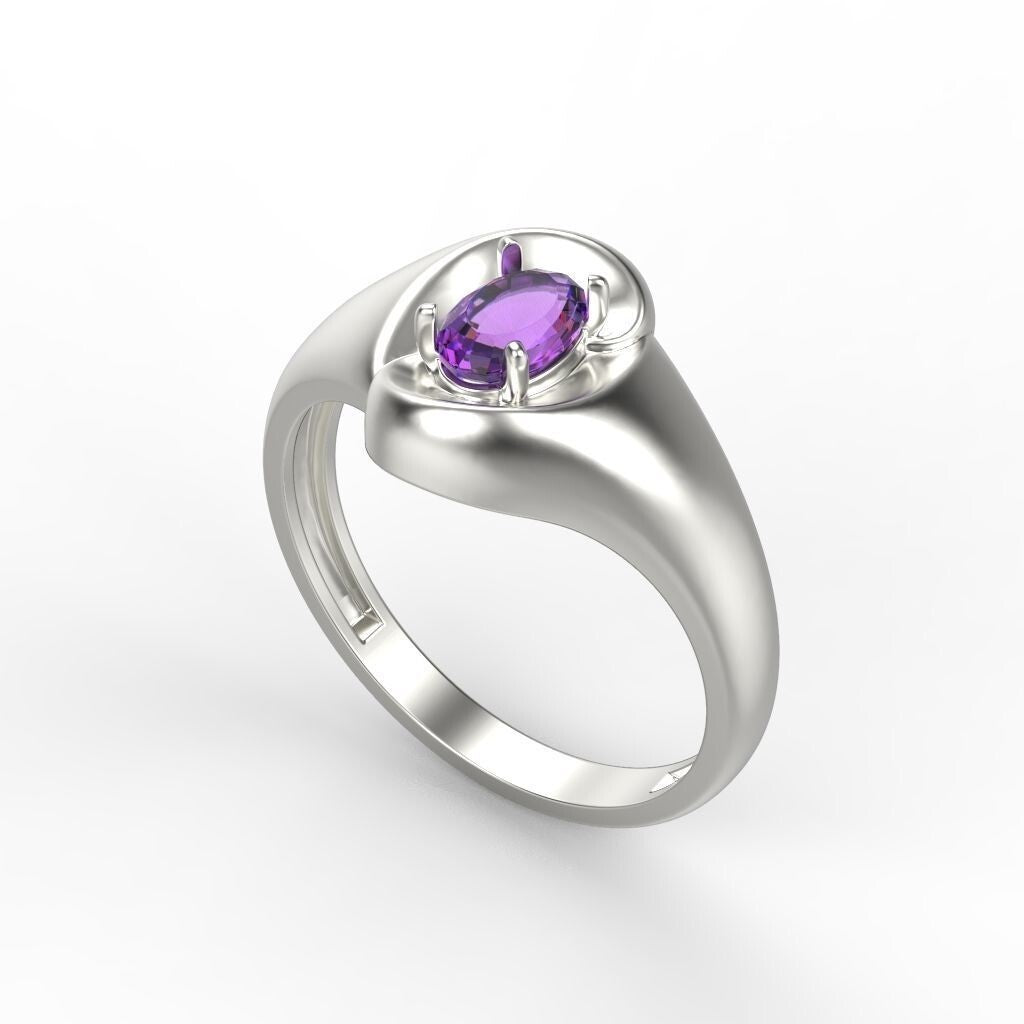 Natural Amethyst Oval Cut Ring 925 Silver Purple Gemstone Curve Band Gift US5-15