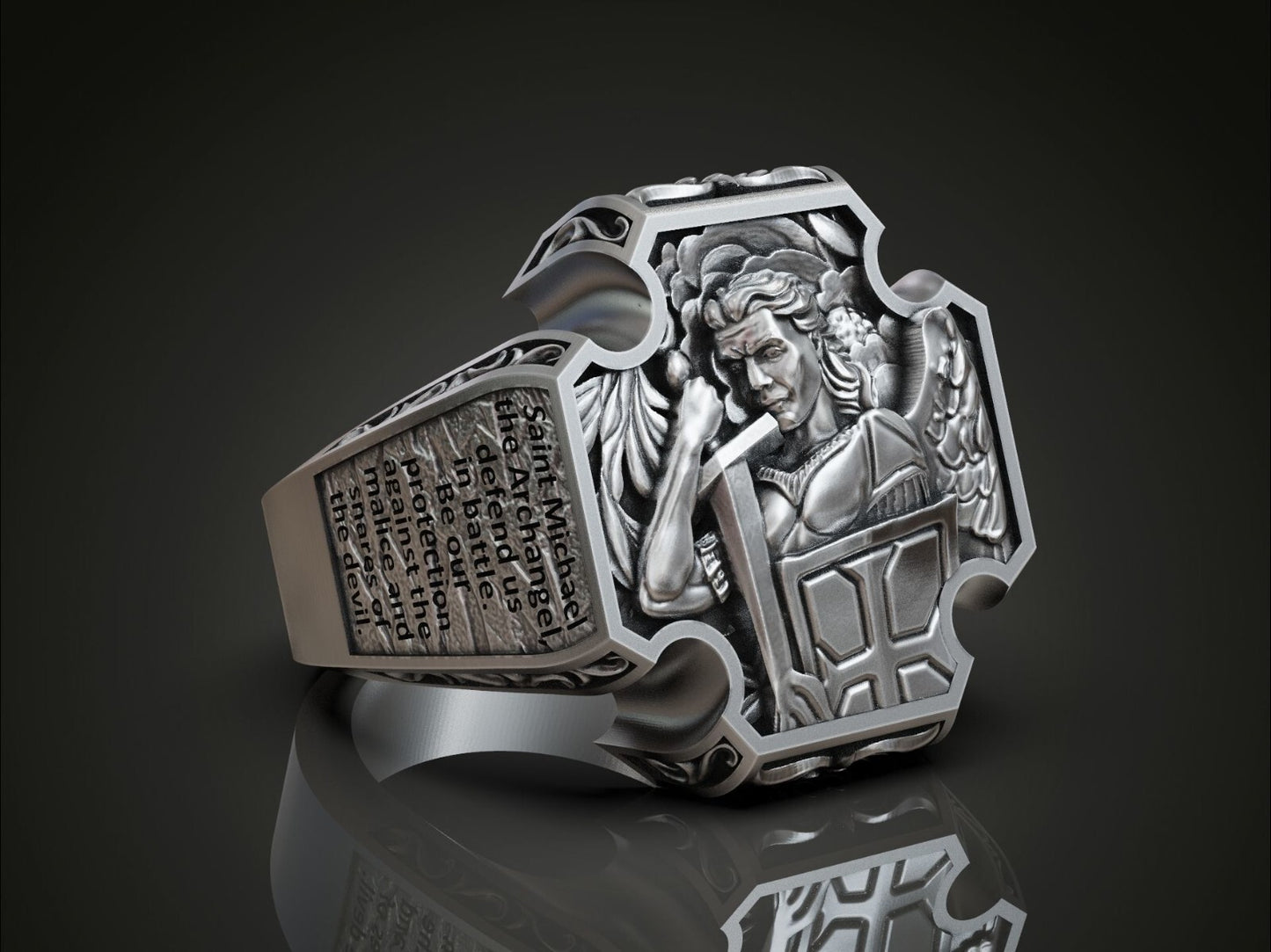 Saint Archangel Michael Prayer Signet Ring US7-15 Sterling Silver Men's Ring