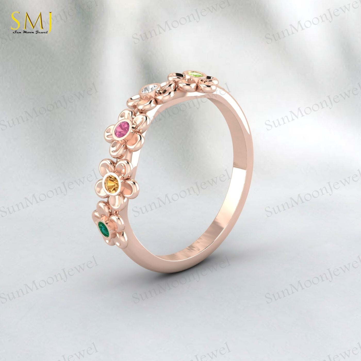 Natural Peridot Tourmaline Citrine Emerald Mutistone Flower Band in 925 Silver