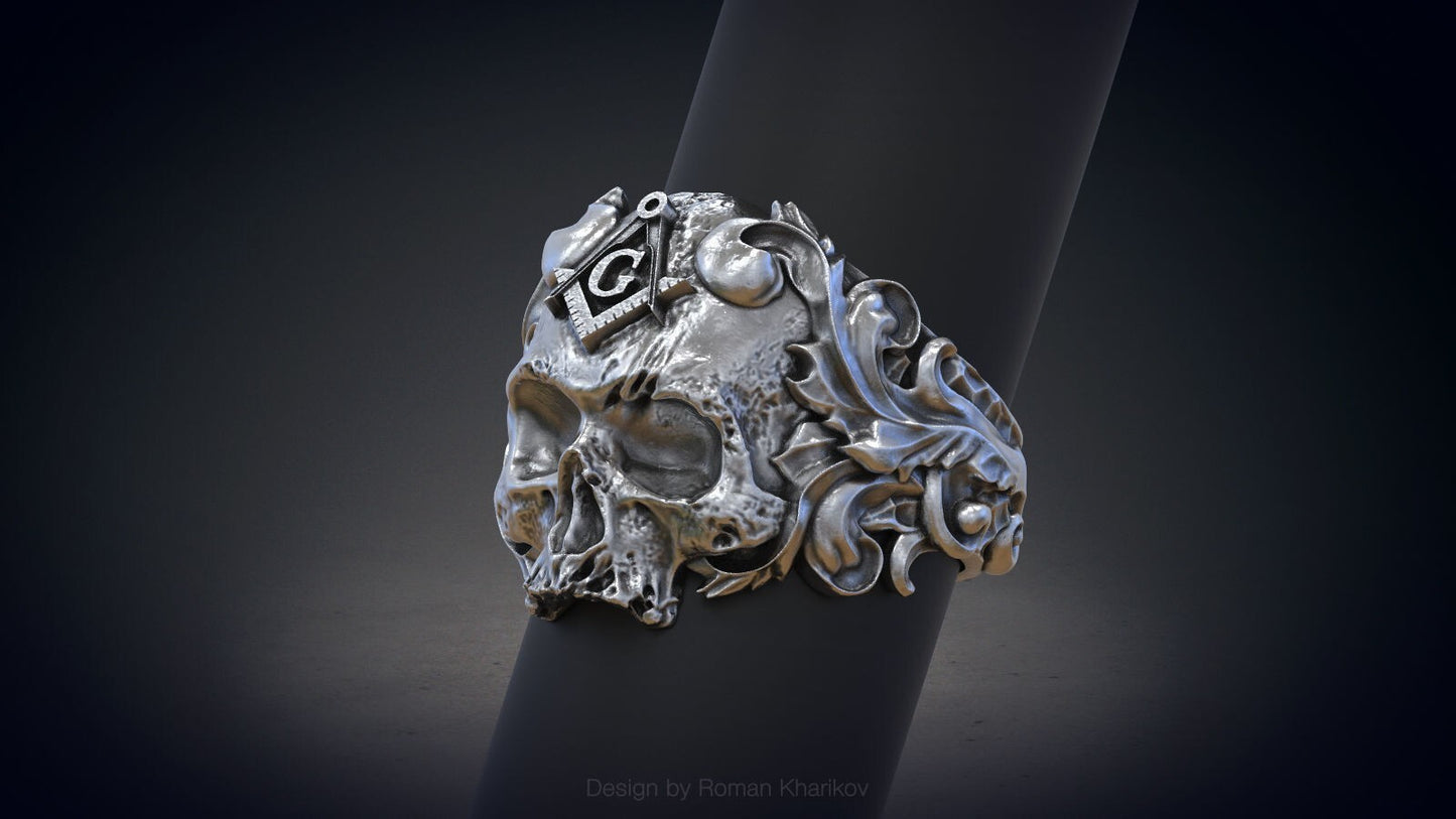 Silver Masonic Skull Ring US7-15 Solid Handmade Masonic Skull Ring For Men Women