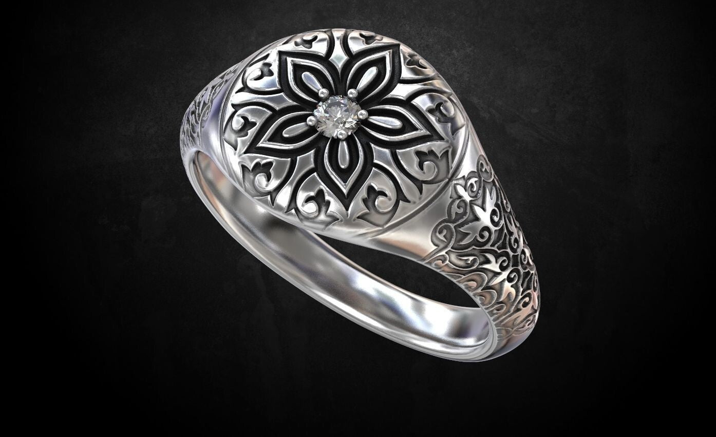 Vintage CZ Signet Ring 925 Silver Handmade Antique Style Gift for Men US5-15