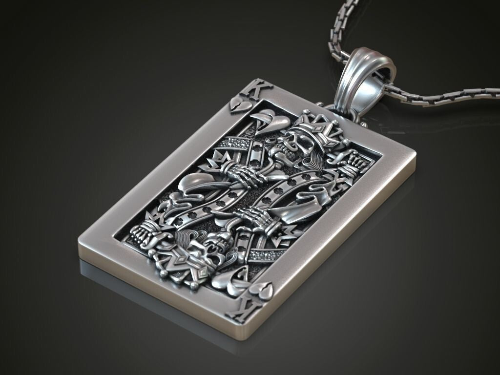 Silver Playing Card Undead King of Hearts Pendant Gift For Women Men Necklace