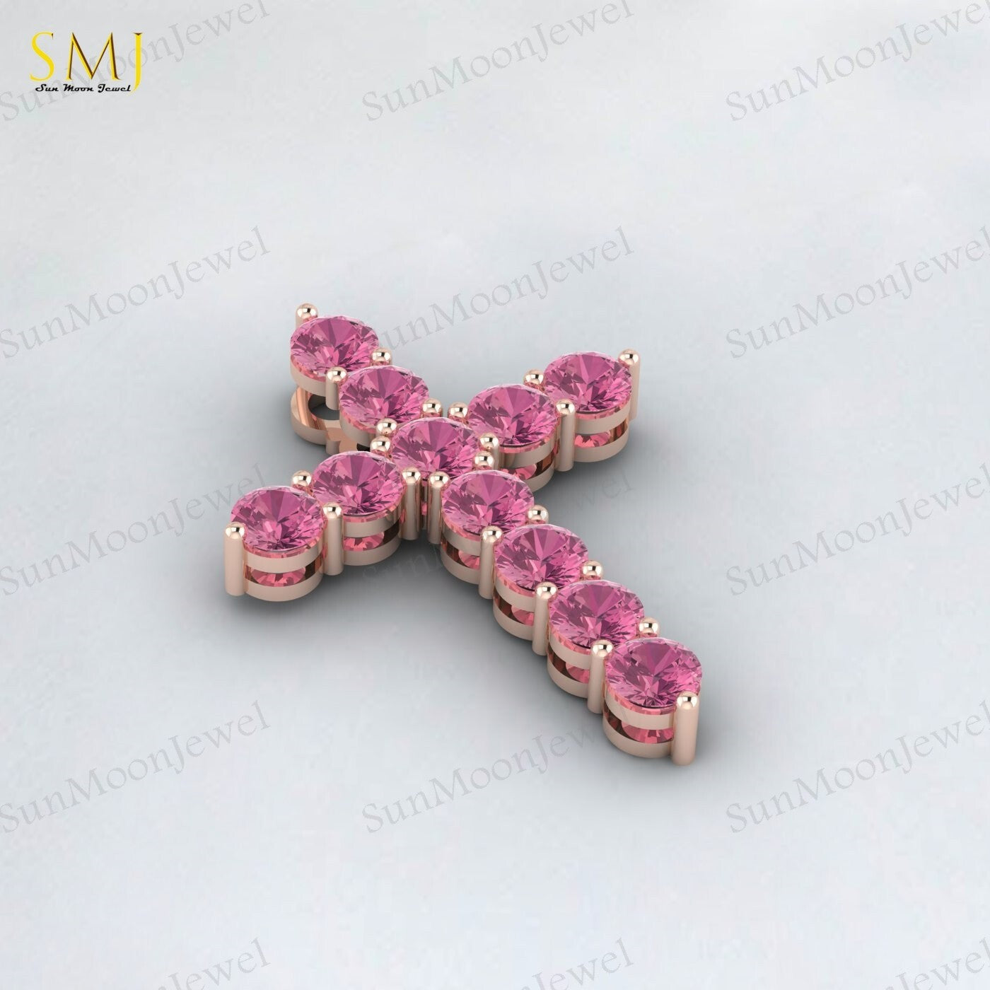 925 Silver Natural Pink Tourmaline Cross Necklace Pendant December Birthstone