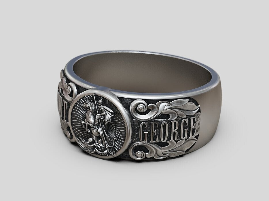 925 Silver St George Warrior Dragon Signet Ring Religious Men Women Ring US5-15