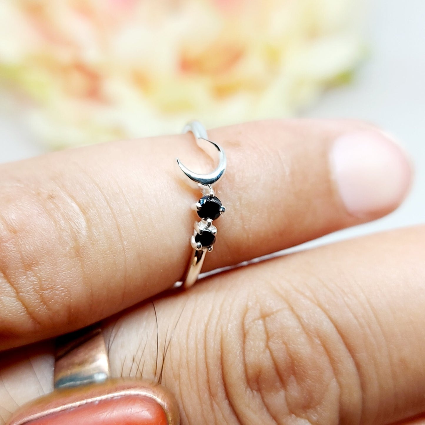 Black Onyx Moon Ring Elegant Handmade Celestial Gift Ring US5~15 Dainty Look