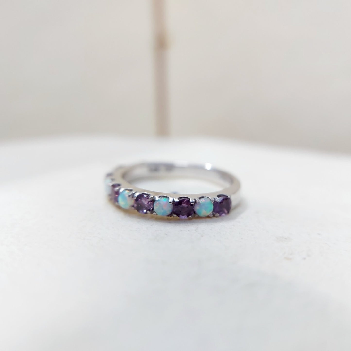 Fire Opal Amethyst Ring Genuine Silver Half Eternity Band Handmade Women US5~15
