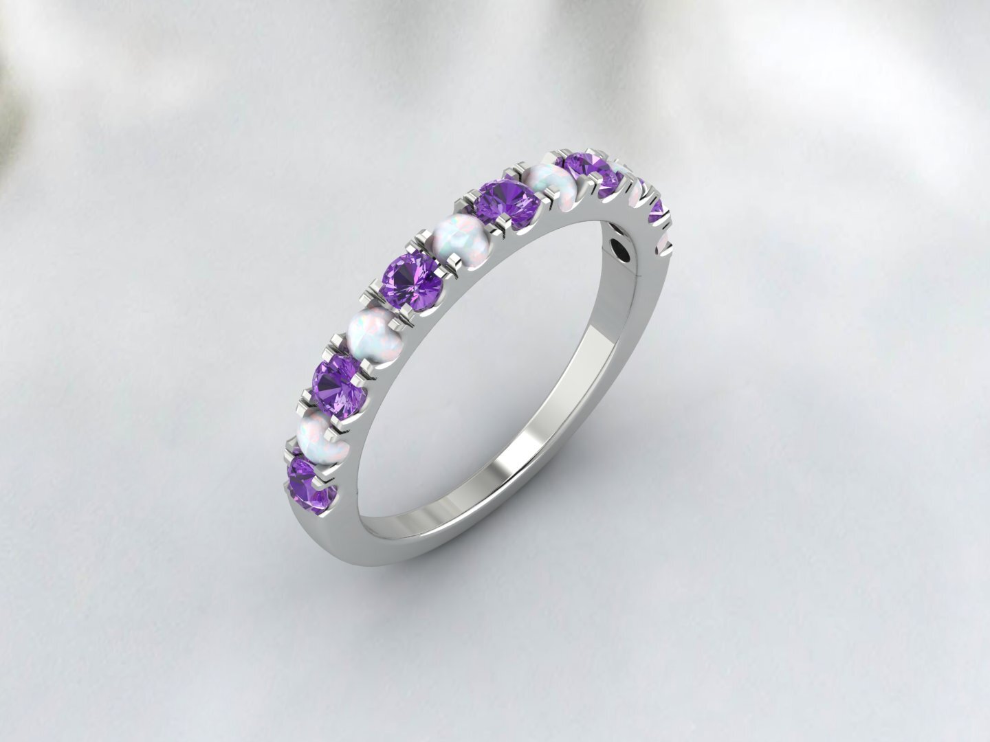 Natural Round Opal And Amethyst Half Eternity Band Fine Silver Wedding Band