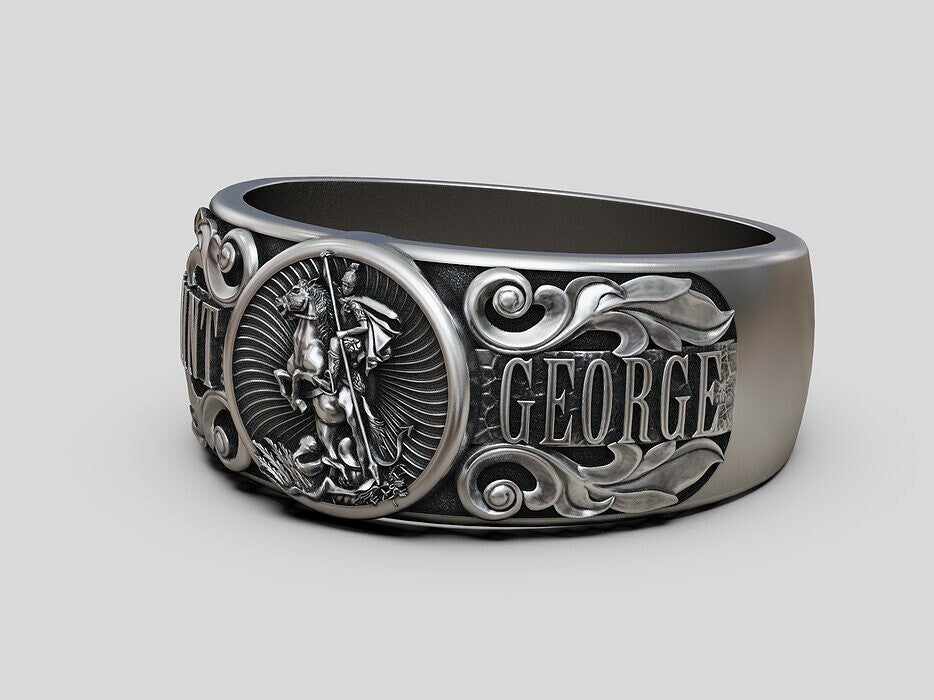 925 Silver St George Warrior Dragon Signet Ring Religious Men Women Ring US5-15