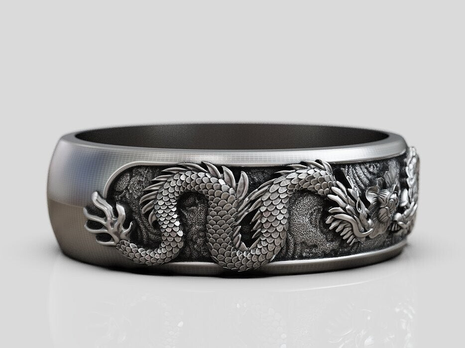 Silver Men's Ring Dragon Spinner Wedding Band Dragon Flower Women Ring US5~15