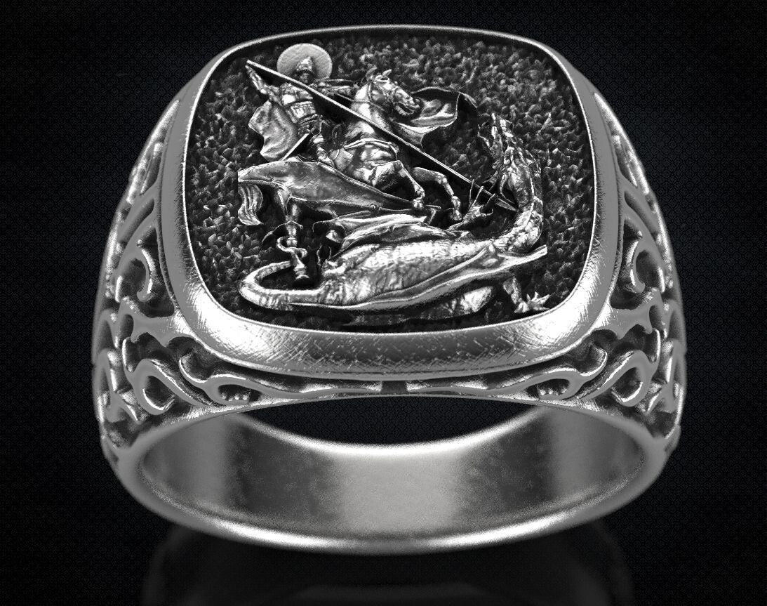 St Saint Michael Archangel Ring Sterling Silver Signet US5-15 Protection Unisex
