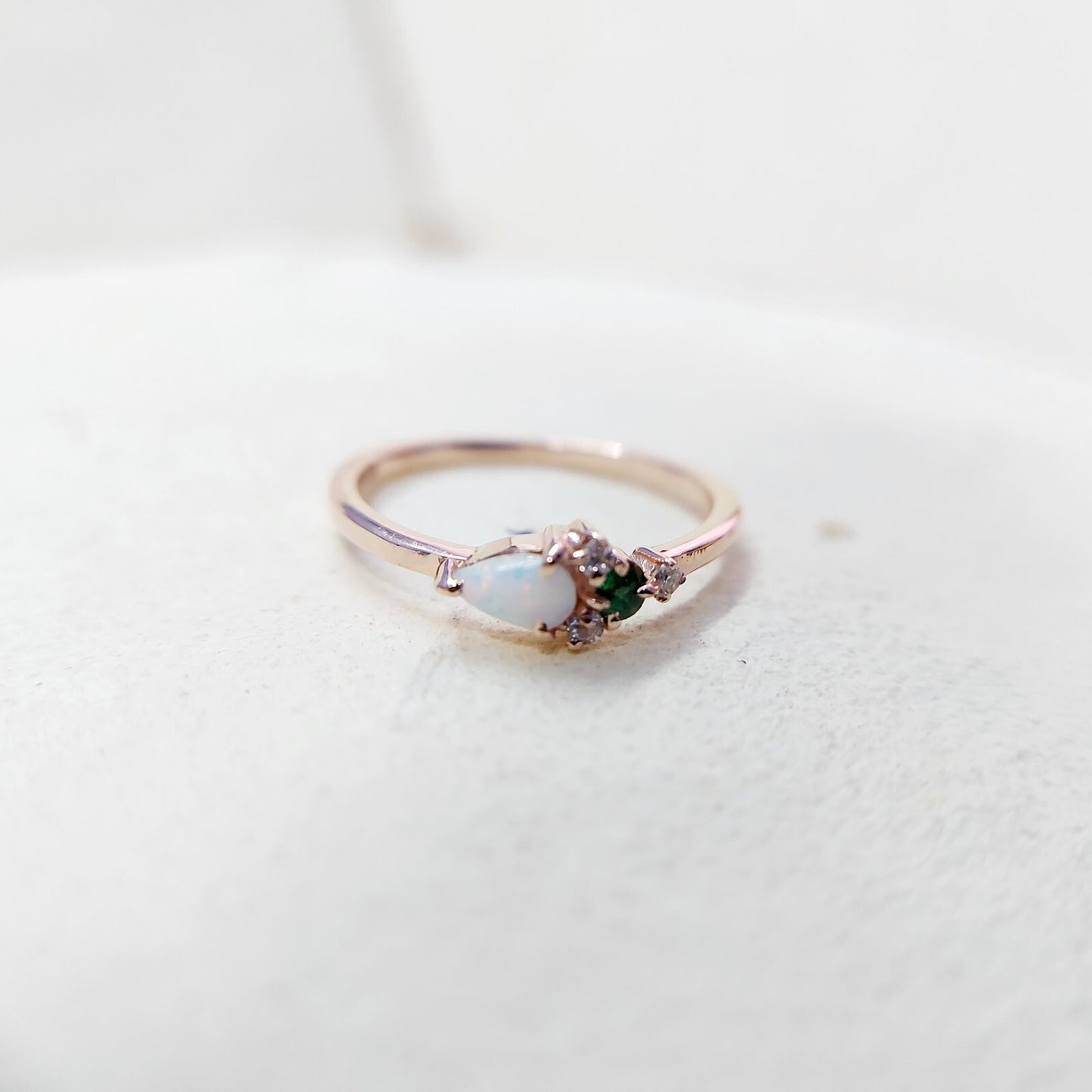 Pear Opal and Round Emerald Cluster Ring Silver Vintage Engagement Band Us5~ 15