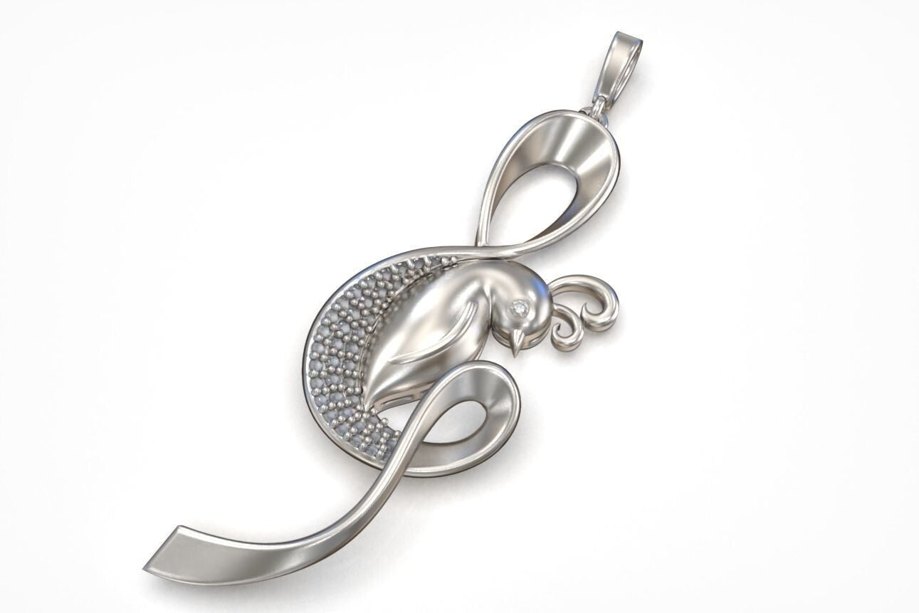 Silver Sol Key Bird Musical Pendant Necklace Handmade Jewelry Gift for Lover