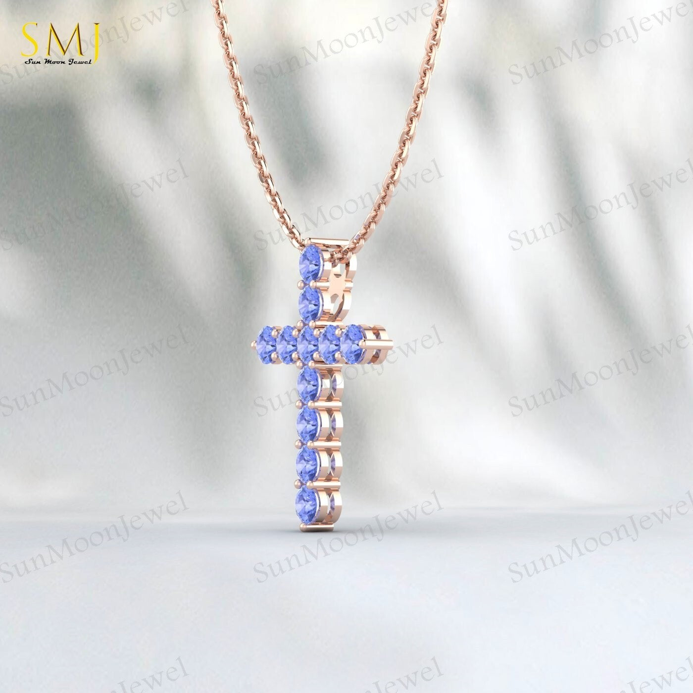Natural Blue Tanzanite Cross Pendant 925 Sterling Silver Necklace