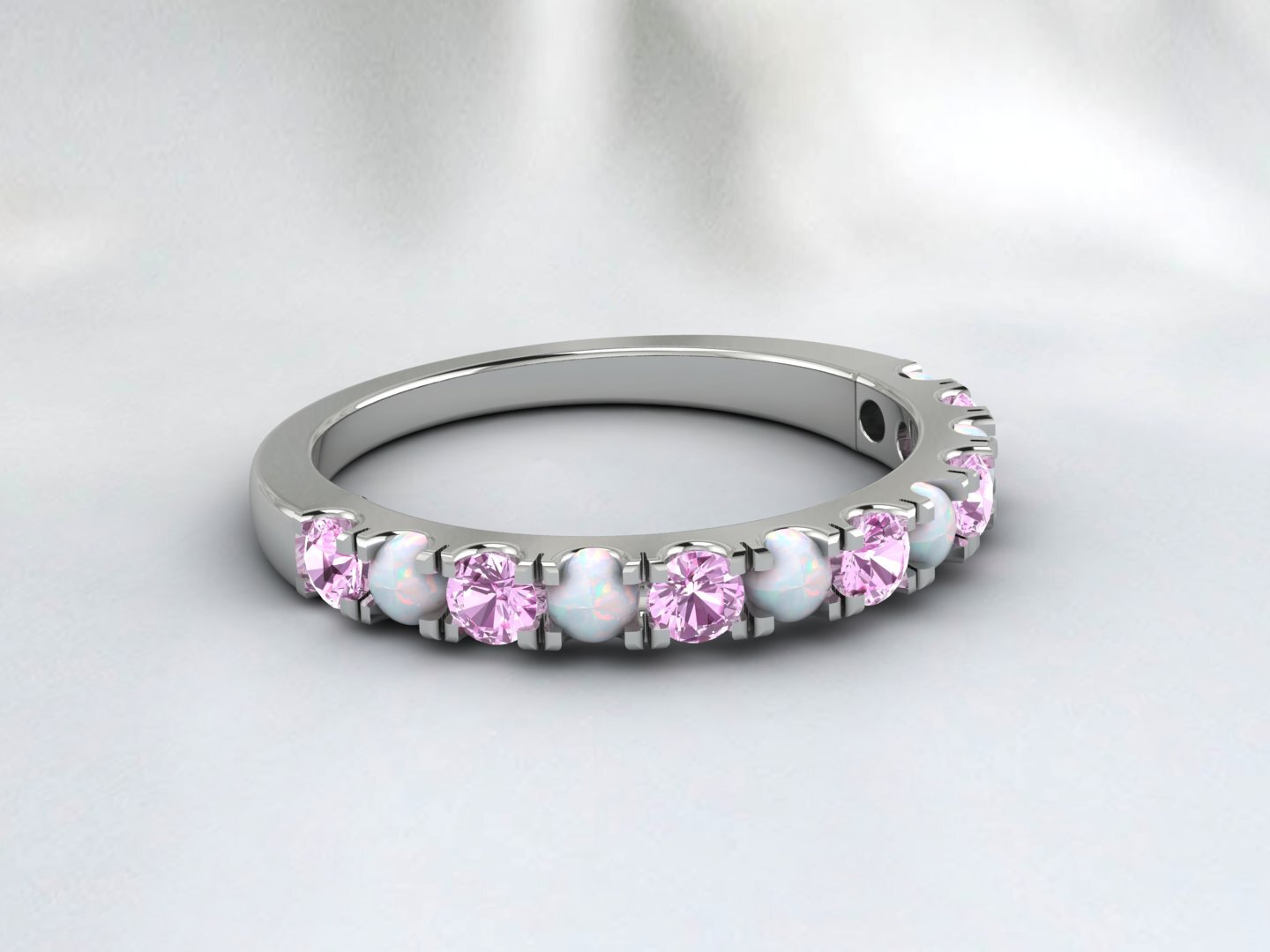 Natural Round Opal And Pink Sapphire Half Eternity Band Fine Silver Wedding Band