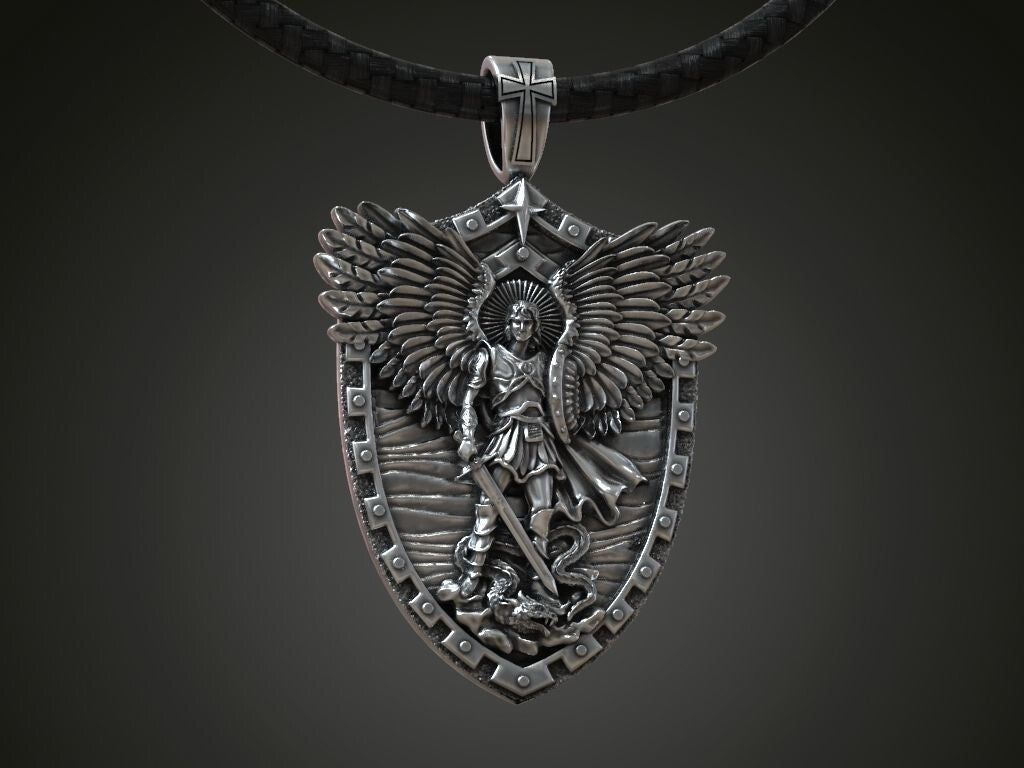 Saint Archangel Michael Serpent Shield Wings Sword Silver Pendant St Michael