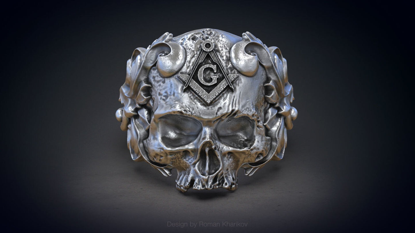 Silver Masonic Skull Ring US7-15 Solid Handmade Masonic Skull Ring For Men Women