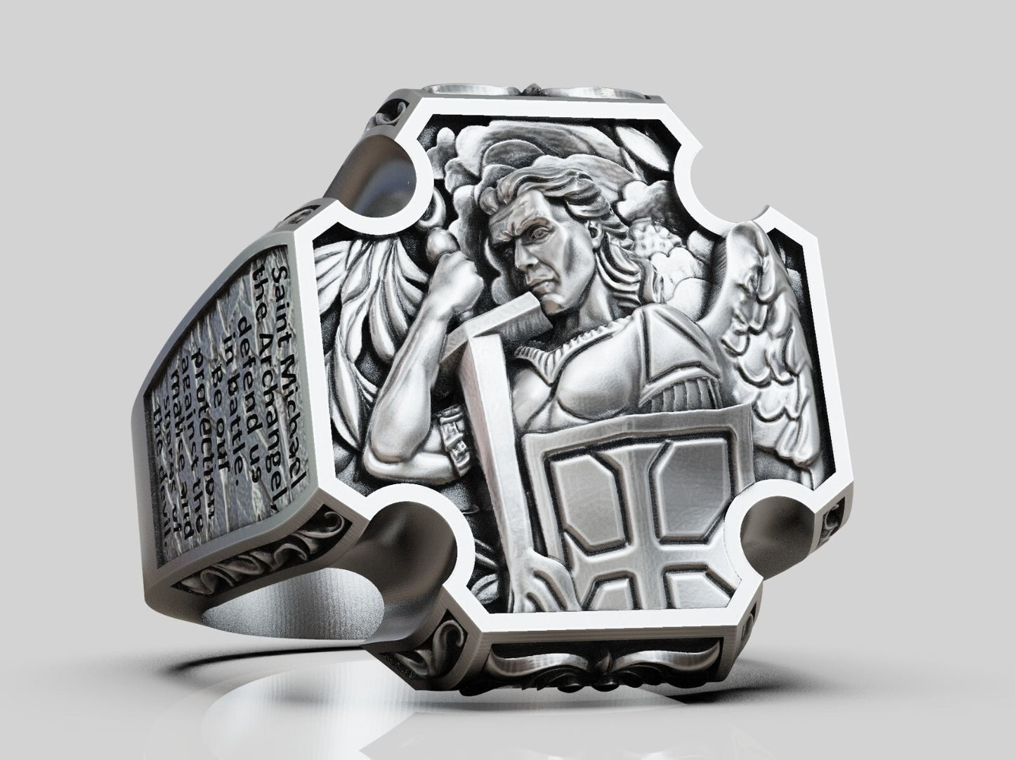 Saint Archangel Michael Prayer Signet Ring US7-15 Sterling Silver Men's Ring