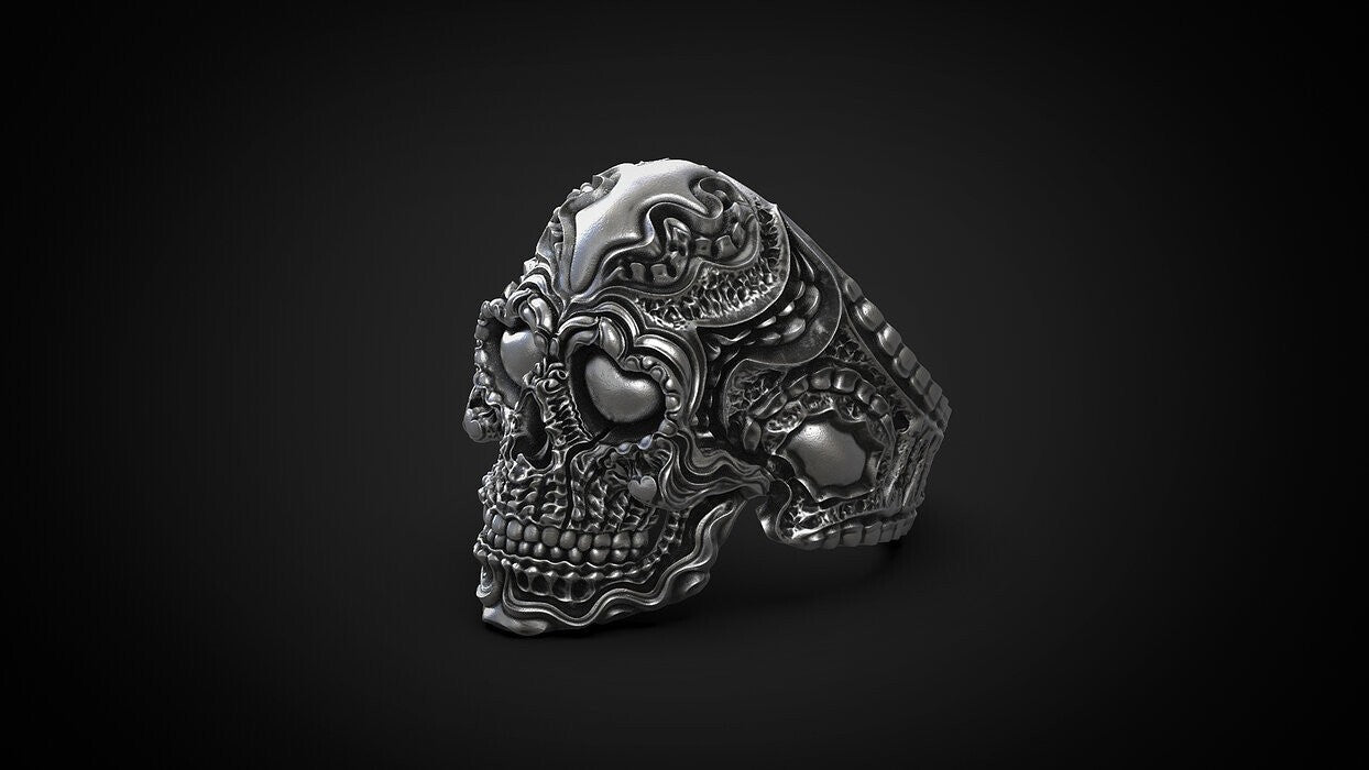 925 Sterling Silver Biomechanical Skull of Love Ring US7~15 Oxidized Biker Rider