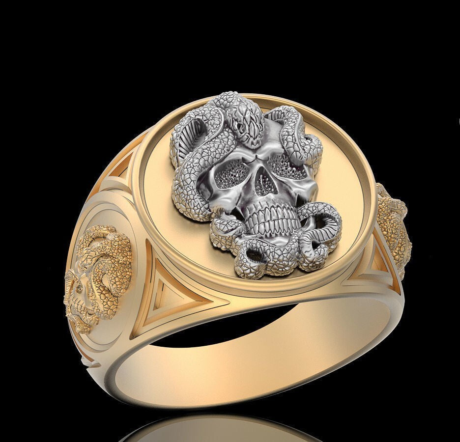 Gothic Snake Skull Ring Brass Retro Biker Punk Men Unique Jewelry Gift US5~15