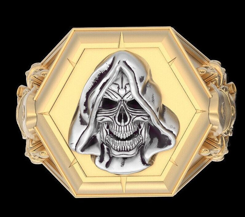 Vintage Brass Gown Skull Ring Punk Gothic Biker Men Women Jewelry Gift For Him