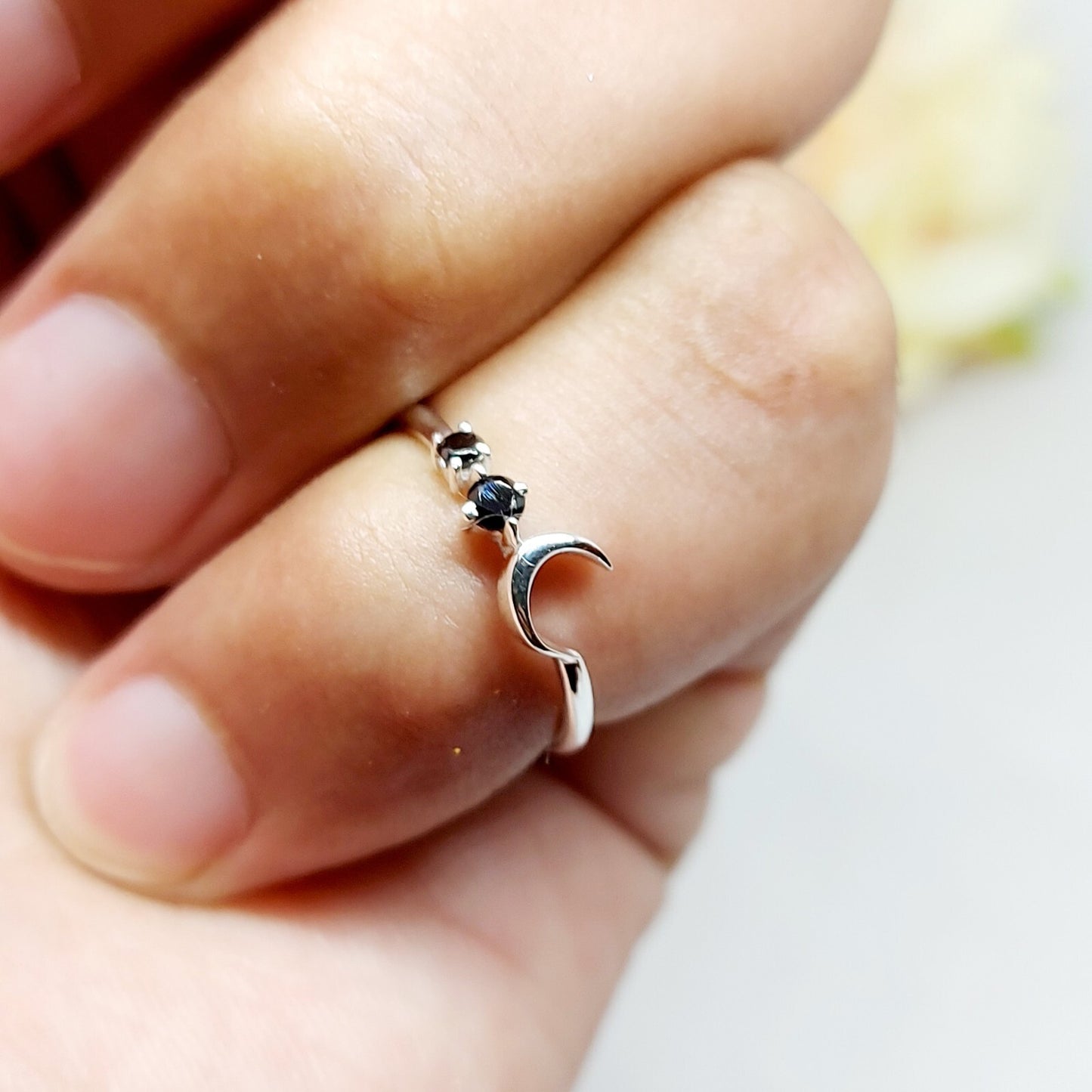 Black Onyx Moon Ring Elegant Handmade Celestial Gift Ring US5~15 Dainty Look