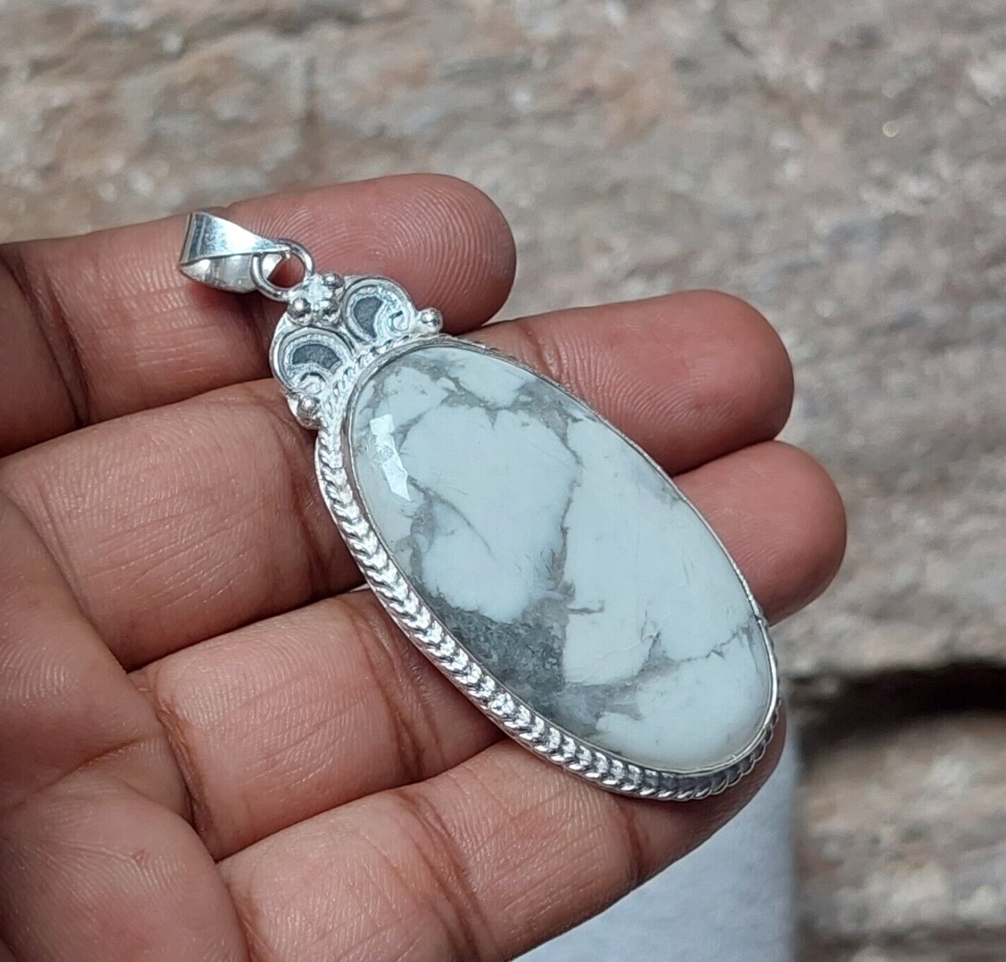 Oval White Howlite 925 Silver Gemstone Pendant,Designer Bezel Pendant For Women