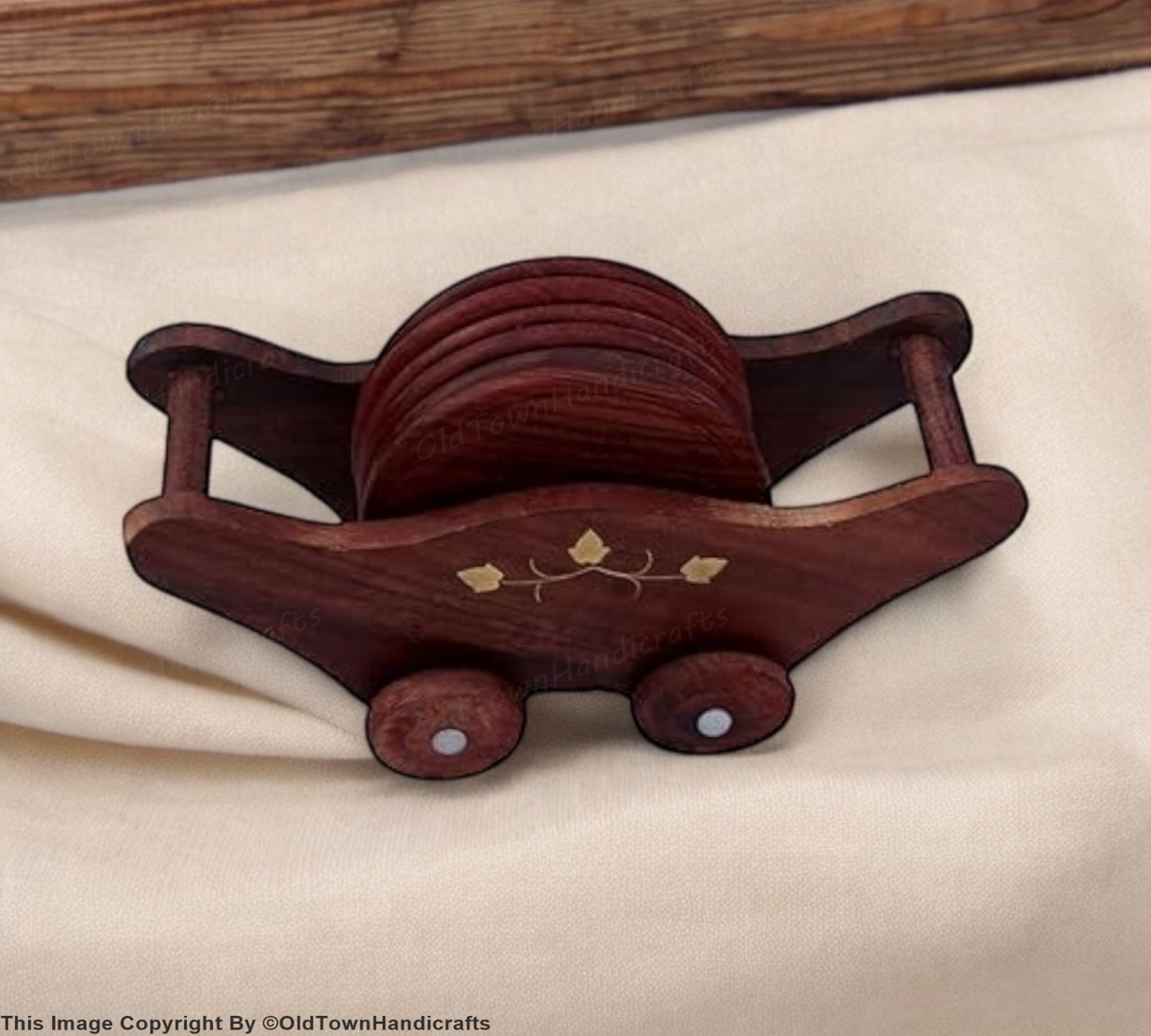 Wooden Trolley Tea Coaster Set of 6 Handcrafted Sheesham Wood for Home & Kitchen