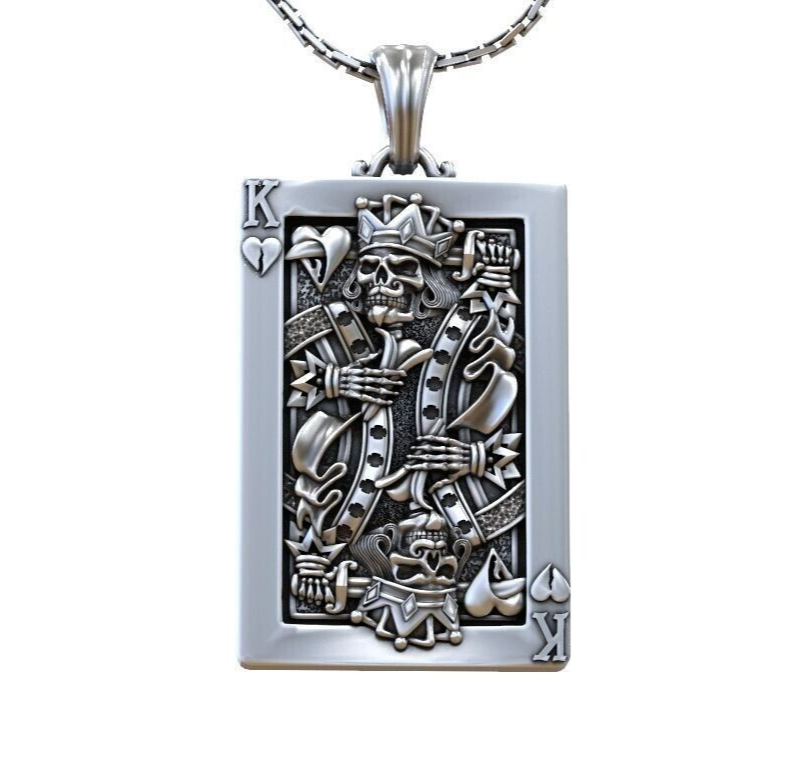 Silver Playing Card Undead King of Hearts Pendant Gift For Women Men Necklace