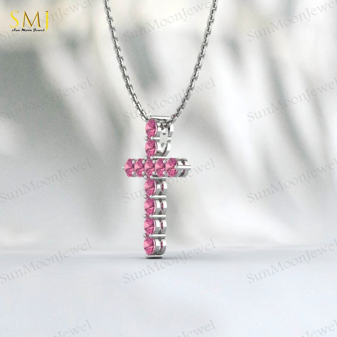925 Silver Natural Pink Tourmaline Cross Necklace Pendant December Birthstone