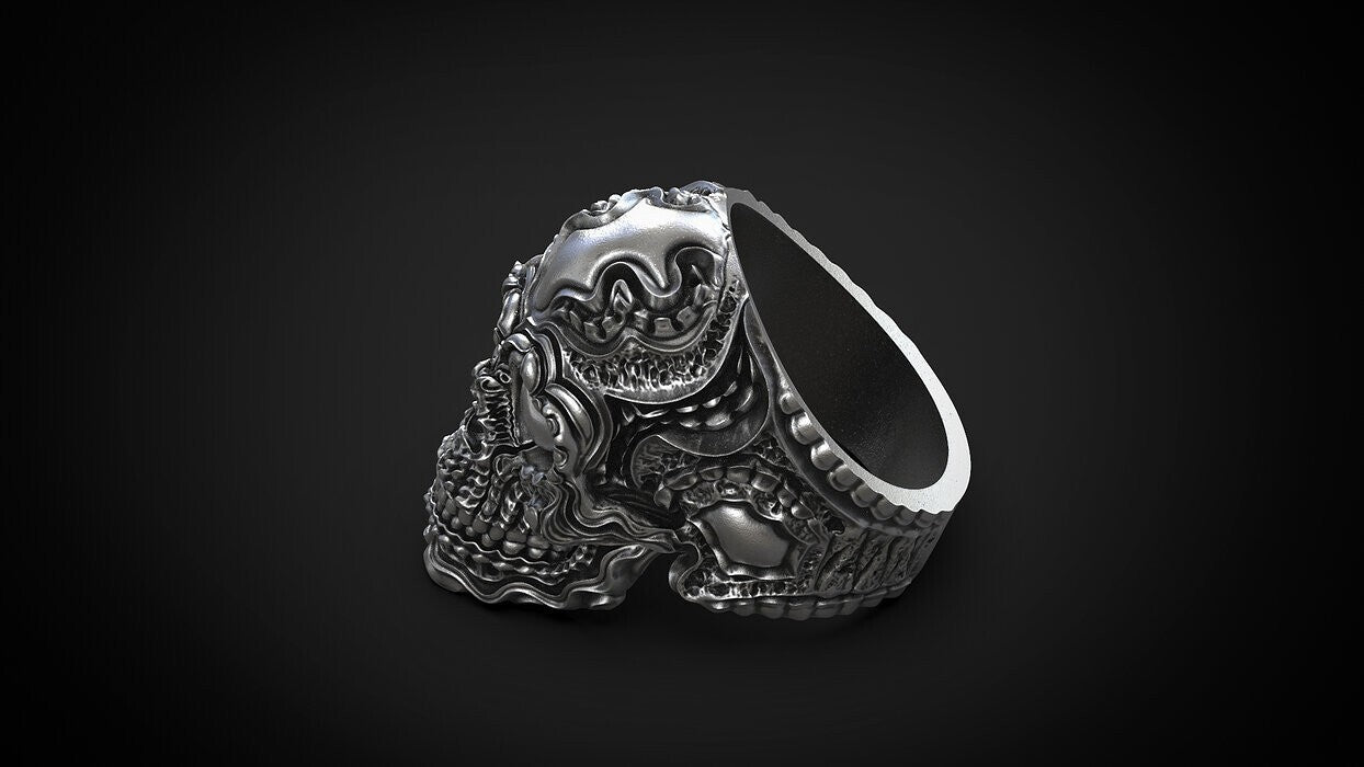 925 Sterling Silver Biomechanical Skull of Love Ring US7~15 Oxidized Biker Rider