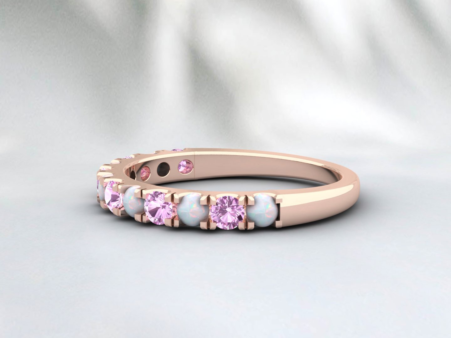 Natural Round Opal And Pink Sapphire Half Eternity Band Fine Silver Wedding Band
