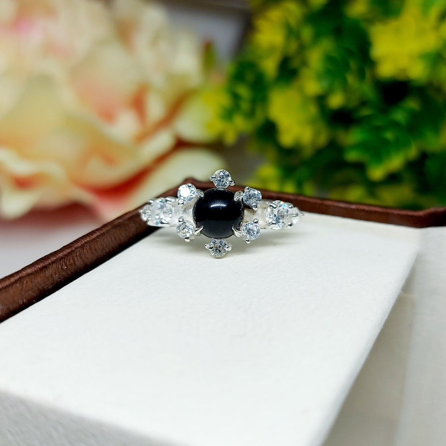 Natural Round Black Spinel Engagement Ring Cz Diamond 925 Sterling Silver Gift