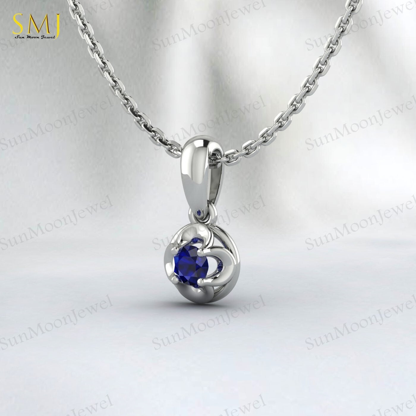 Lab Created Blue Sapphire Necklace Sepetember Birthstone 925silver Gift For Love