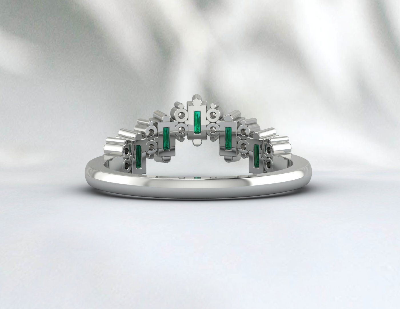 Baguette Green Emerald Crown Wedding Band Fine Silver Daimond Lab Created Band