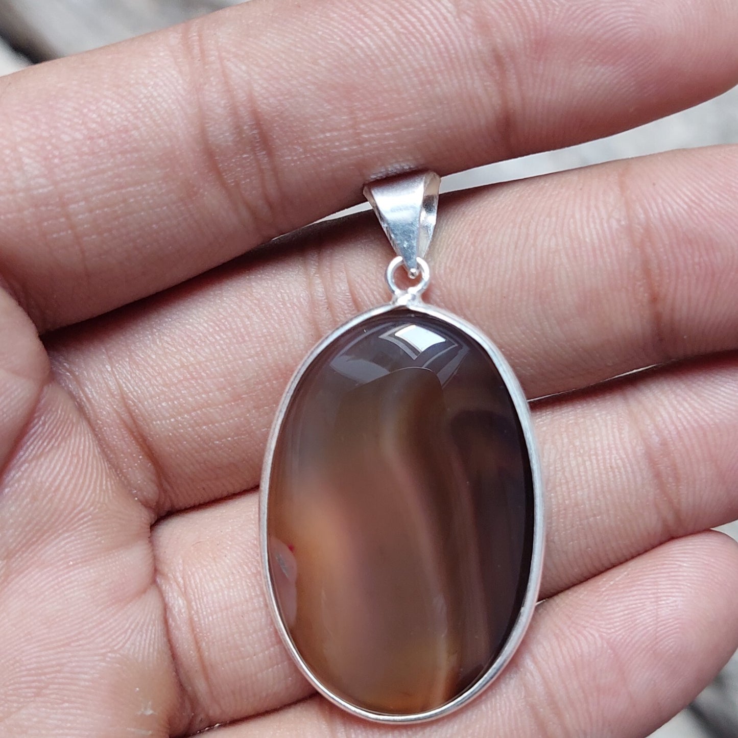 Vintage Chocolate Oval Brown Banded Agate Sterling Silver Pendant,Bezel Pendant