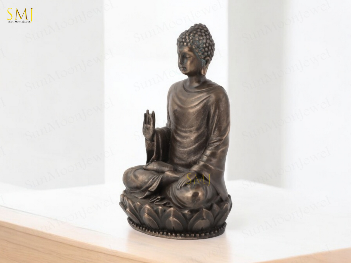 Copper Finish Sitting Buddha Figurine on Lotus Base Decorative Showpiece Gift