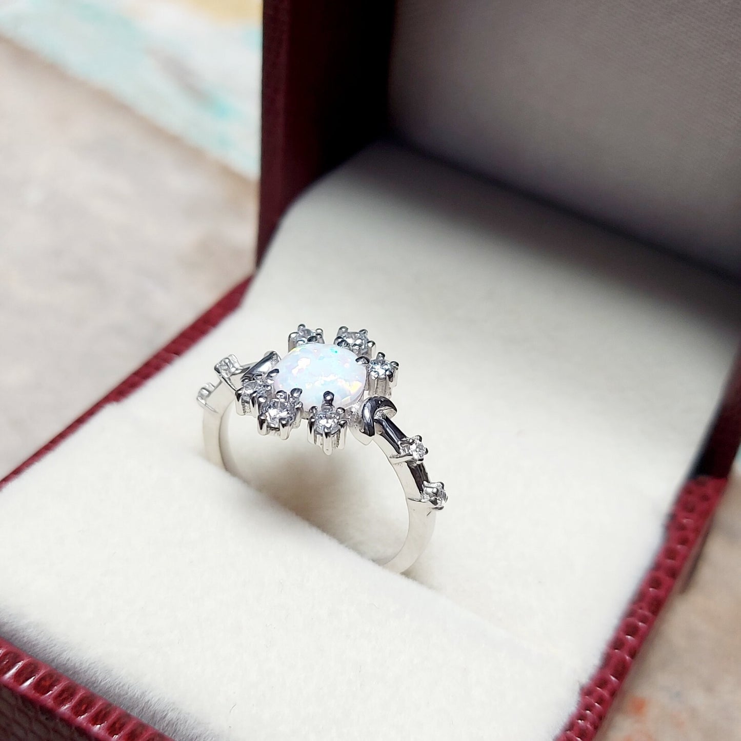 Natural Opal Ring Round Cut CZ Cluster 925 Silver Gift Ring US5~15 Vintage Look