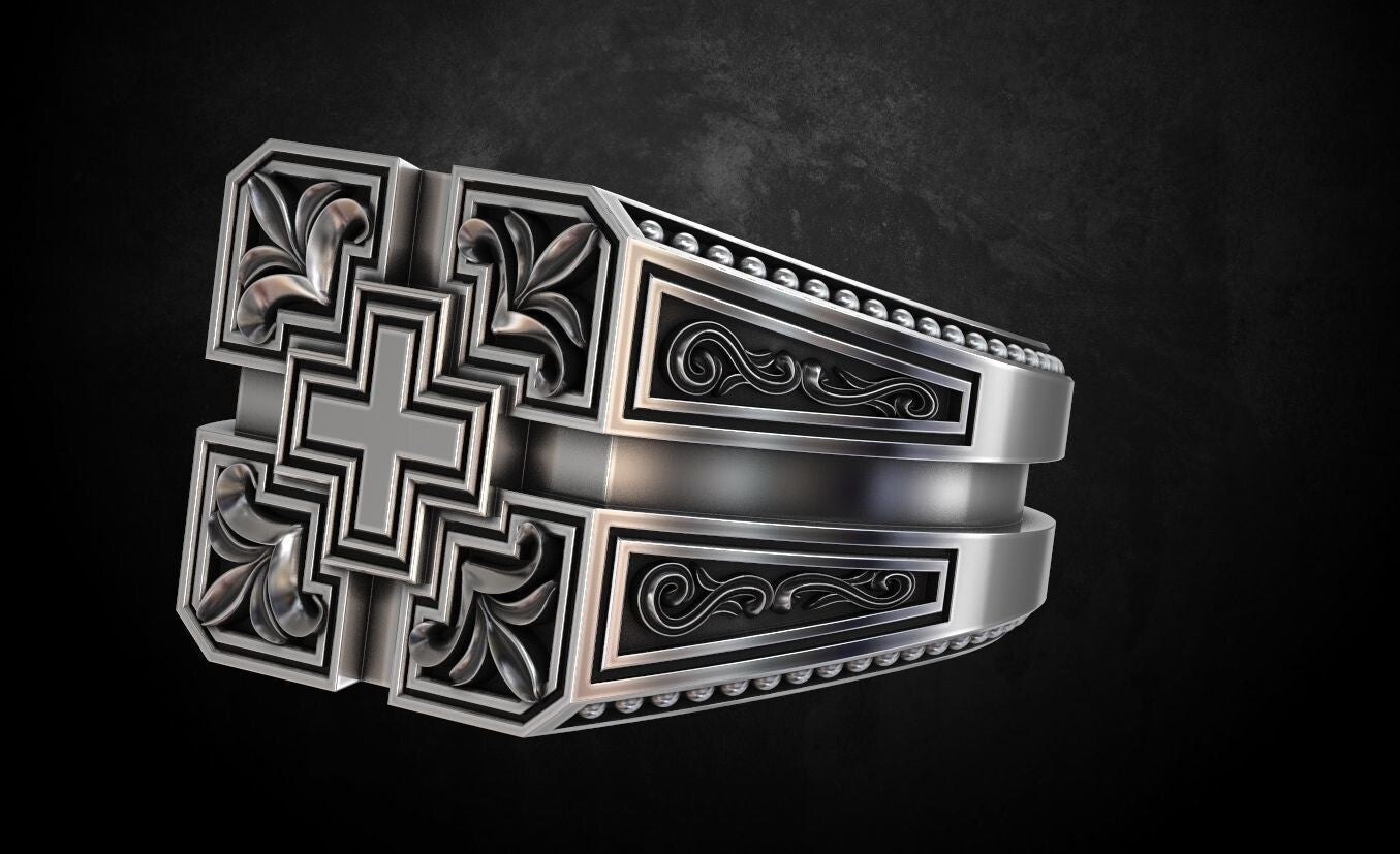 Engraved Cross Christian Religious Handmade Silver Ring US7-15 Men's Cross Ring