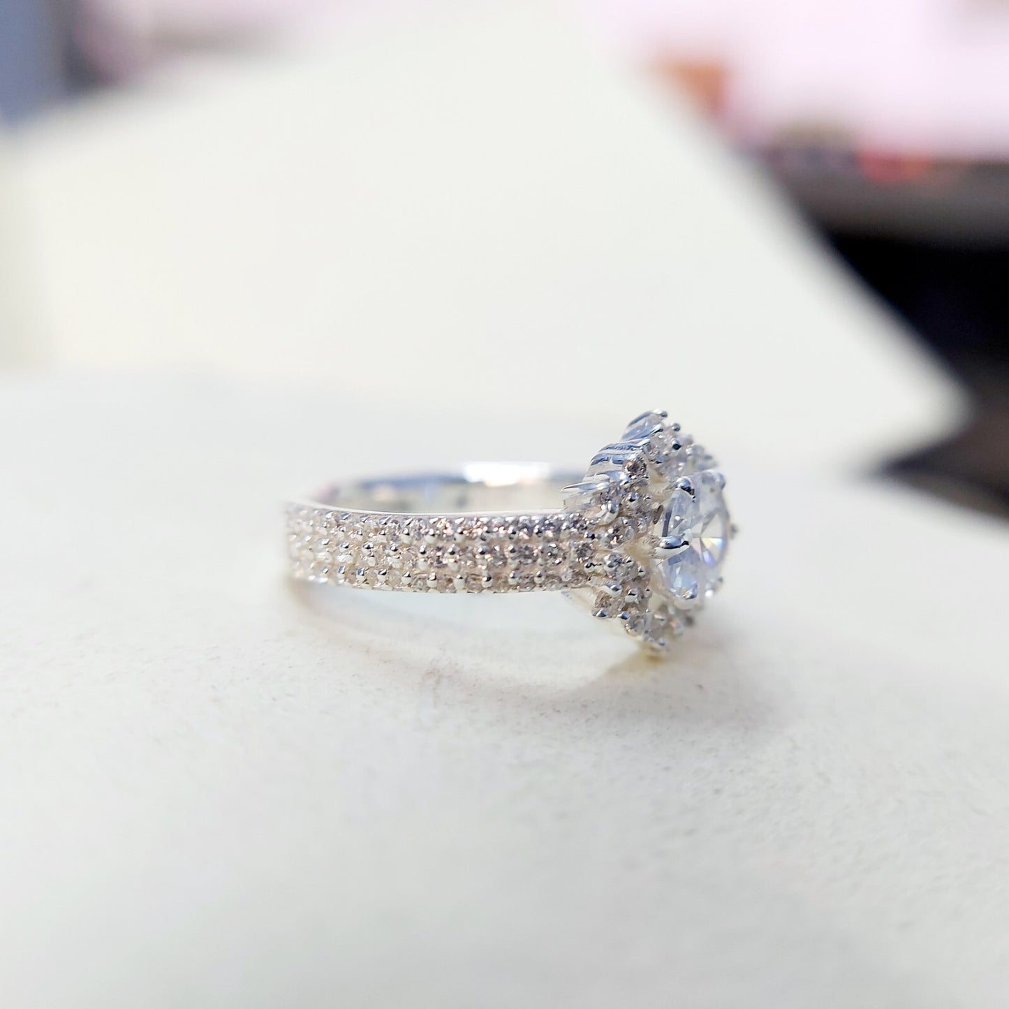 Halo Moissanite Flower Ring Lab Grown Silver Ring for Women Wedding Gift US5-15