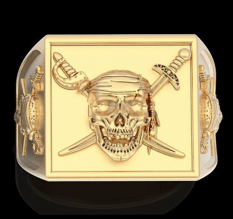 Gothic Brass Pirate Skull Ring Biker Men’s Handcrafted Bold Skull Jewelry US5~15