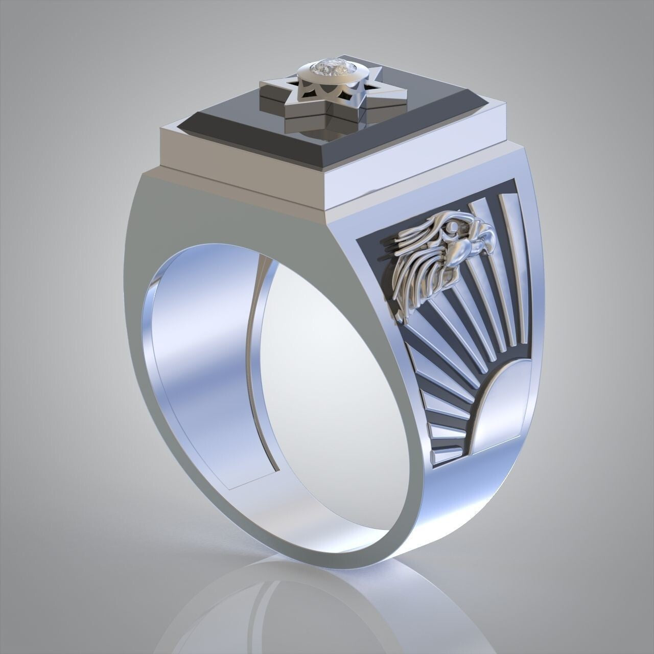 White Diamond Solitaire Ring 925 Silver Mason Eagle Crest Men Women Ring US7-15
